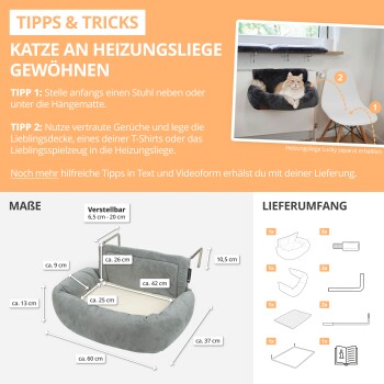 Bild mit Tipps zur Gewöhnung von Katzen an ein Heizbett, mit einer Katze auf dem Bett, Abmessungen und Lieferinhalt.