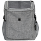 Grauer Haustiertrage-Rucksack mit einem Netzoberteil, Fronttasche und seitlichen Netzfächern für Belüftung und Stauraum.