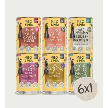 Dosen von Milo & Mia Haustierfutter in Geschmacksrichtungen: Kalb, Lachs, Insekten, Pferd, Geflügel und Wildlamm mit verschiedenen Zutaten.