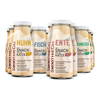 Flaschen von SmoothieCat Katzensnacks in den Geschmacksrichtungen Huhn, Fisch, Ente und Kaninchen, beschriftet auf Deutsch.
