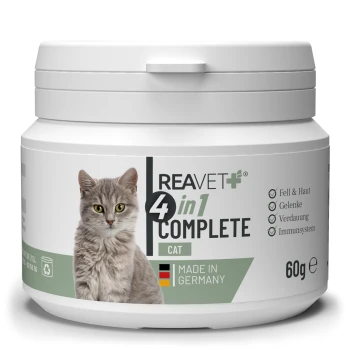 Behälter von REAVET 4 in 1 Komplett für Katzen, mit einer grauen Katze auf dem Etikett, mit dem Hinweis, dass es in Deutschland hergestellt wird und 60 g wiegt.