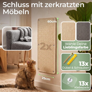 Sisal-Wandkratzpad 60×25 cm, mit Katze; sichtbarer Text: 'Schützt Möbel, Farbauswahl, 13× Schrauben & 13× Pads'.