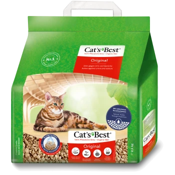 Cat's Best Original organische Katzenstreu-Tüte mit einer getigerten Katze auf der Vorderseite, die ihre Wirksamkeit gegen Urin und Gerüche zeigt.