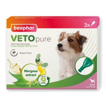 Beaphar VETOpure spot-on box for dogs showing small brown-and-white dog, Margosa extract, "Up to 12 weeks protection", 3x