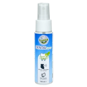 Zahnspray für Haustiere in einer 100 ml Flasche, mit einem blauen Etikett mit dem Text "DENTAL Spray" und einer Grafik von Zähnen.