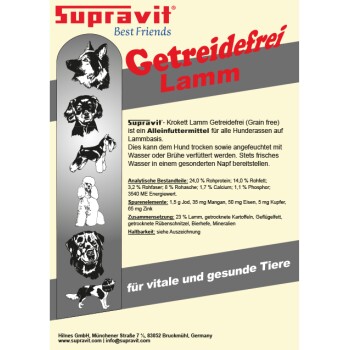 SupraVit getreidefreies Lamm-Hundefutter-Etikett mit Nährwertangaben und Illustrationen verschiedener Hunderassen.
