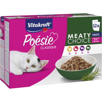 Vitakraft Poésie Katzenfutterbox mit weißer Katze, Schälchen mit fleischiger Sauce, Text ‚Meaty Choice‘, ‚12x‘ und ‚No sugar added‘.