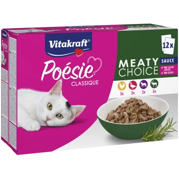Vitakraft Poésie Katzenfutterbox mit weißer Katze, Schälchen mit fleischiger Sauce, Text ‚Meaty Choice‘, ‚12x‘ und ‚No sugar added‘.