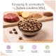 Tierfutterverpackung mit "100% Geschmack" und Bildern von Wildfleisch, Kartoffeln, Buchweizen und Leinsamenmehl, gekennzeichnet mit "Cookies Wild."