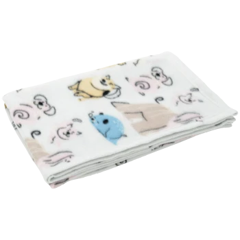 Couverture pour animal en polaire blanche pliée, à motifs d'animaux cartoon pastel (phoque bleu, chien jaune, cochon rose) et de niches