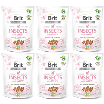 Sześć torebek Brit Crunchy Snack dla szczeniąt, z 'Insects with Whey' wzbogaconymi probiotykami, promującymi zdrowy wzrost.