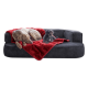 Ein großer grauer Hund und ein kleiner schwarzer Hund ruhen sich auf einer plüschigen grauen Couch aus, die mit einer roten Decke bedeckt ist.