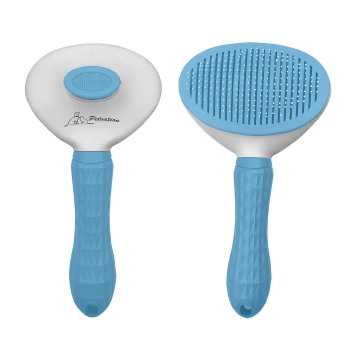 Blaue Haustierpflegebürste mit einem strukturierten Griff und einem doppelseitigen Design, mit einer glatten Seite und einer Seite mit feinen Borsten.