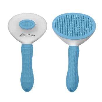 Blaue Haustierpflegebürste mit einem strukturierten Griff und einem doppelseitigen Design, mit einer glatten Seite und einer Seite mit feinen Borsten.