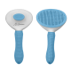 Blaue Haustierpflegebürste mit einem strukturierten Griff und einem doppelseitigen Design, mit einer glatten Seite und einer Seite mit feinen Borsten.
