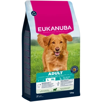 Eukanuba Adult Hundefutterbeutel für große Rassen, reich an Lamm und Reis, unterstützt Zahngesundheit und Omega 6 & 3 Ernährung, 12 kg.
