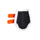 Schwarze Haustierpflegehandschuh mit weichem weißen Futter und orangefarbenen Riemen, entworfen zum Entfernen von losem Fell und Schmutz.