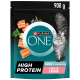 Purina ONE Katzenfutterbeutel (900 g) mit grauer Langhaarkatze, 'HIGH PROTEIN', 'ADULT', 'REICH AN LACHS'.