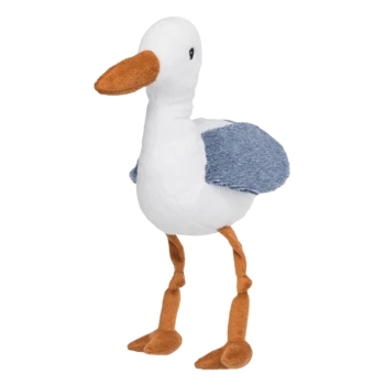 Plüschspielzeug eines weißen und blauen Vogels mit einem orangefarbenen Schnabel und Beinen, entworfen für Haustiere.