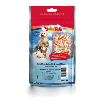Hundeleckerli-Verpackung mit "Swiss Dog"-Marke, beschriftet "Spiral Sandwich XL Poulet & Fisch," mit Bildern von Hunden und einem bunten Leckerli im Inneren.