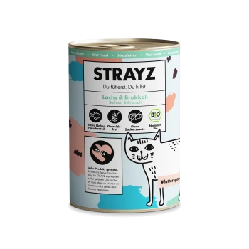 STRAYZ Katzenfutterdose, Lachs & Brokkoli, Katzenzeichnung, Text 'Du fütterst. Du hilfst.'