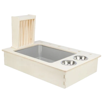 Holz-Futterstation für Haustiere mit zwei Edelstahlschüsseln und einem abnehmbaren Stauraum an der Seite.
