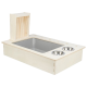 Holz-Futterstation für Haustiere mit zwei Edelstahlschüsseln und einem abnehmbaren Stauraum an der Seite.