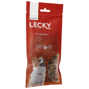 Rote Verpackung für Lecky Mini Soft Snack für Hunde, mit einem glücklichen Hund und einem Text, der glutenfreie und weiche Snackqualitäten angibt.