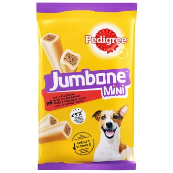 Verpackung von Pedigree Jumbone Mini Hundeleckerlis mit einem lächelnden Hund, mit Text, der Rind- und Hühnergeschmack, Omega 3 und Vitamin E hervorhebt.