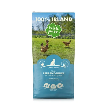 Hundfutterbeutel mit der Aufschrift "100% Irland" und "Irish Pure" Branding, beschriftet "Junior. Sensitivity" mit "Irisches Freiland-Huhn mit Gemüse & Kelp-Alge."