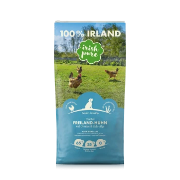 Hundfutterbeutel mit der Aufschrift "100% Irland" und "Irish Pure" Branding, beschriftet "Junior. Sensitivity" mit "Irisches Freiland-Huhn mit Gemüse & Kelp-Alge."