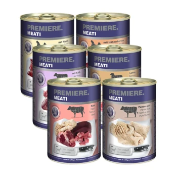 Meati Mixpaket 6x400g Mixpaket 1 Sechs Dosen PREMIERE MEATI Haustierfutter, mit Geschmacksrichtungen wie Huhn, Kalb, Lamm und Rind, mit Bildern von Fleisch auf den Etiketten.