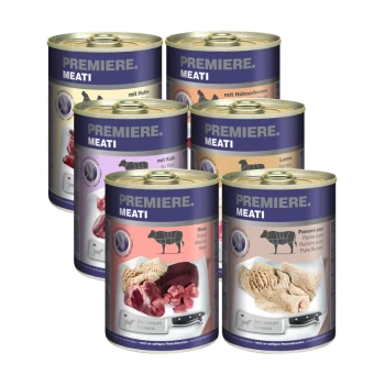 Sechs Dosen PREMIERE MEATI Haustierfutter, mit Geschmacksrichtungen wie Huhn, Kalb, Lamm und Rind, mit Bildern von Fleisch auf den Etiketten.