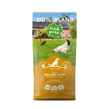 Adult - Huhn + Gemüse & Kelp 1,5 kg Eine Tüte Hundefutter mit der Aufschrift "100% IRLAND" mit "Irisches Freiland-Huhn" und Bildern eines Hundes und Hühnern auf einem grünen Bauernhof.