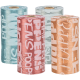 Quatre rouleaux de sacs à déchets pour animaux colorés en bleu, rose, orange et vert clair, avec des motifs de texte ludiques liés aux déchets d'animaux.