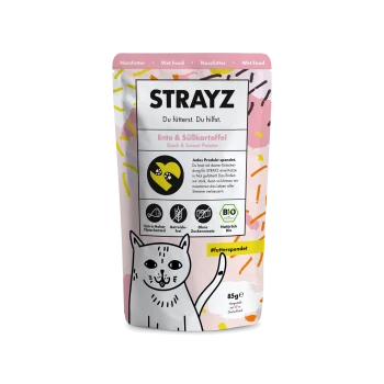 Saszetka mokrej karmy STRAYZ dla kotów, Kaczka & Batat (Ente & Süßkartoffel), 85 g, różowa torebka z rysunkowym kotem i ikonami.