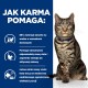 Kot pręgowany siedzi prosto, nosząc niebieską obrożę, obok tekstu opisującego korzyści z karmy dla zwierząt, w tym utratę wagi i utrzymanie energii.