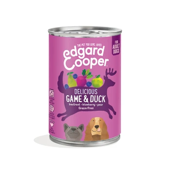 Adult 400 g Delicious game & duck Can of Edgard Cooper dog food featuring a purple label, labeled "Delicious Game & Duck" with ingredients: beetroot, blueberry, and pear.