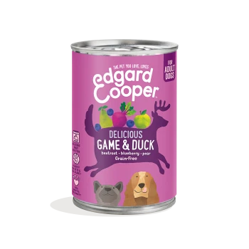 Can of Edgard Cooper dog food featuring a purple label, labeled "Delicious Game & Duck" with ingredients: beetroot, blueberry, and pear.