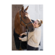 Eine Person in einem beigen Pullover interagiert sanft mit einem braunen Pferd, das eine schwarze Decke trägt, und zeigt die Bindung zwischen ihnen.