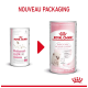 Image montrant deux canettes de lait Royal Canin Babycat, avec une flèche rouge indiquant une transition vers un nouvel emballage. Le texte indique "NOUVEAU PACKAGING."