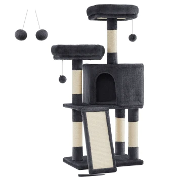 Ein grauer Kratzbaum mit zwei erhöhten Plattformen, einem gemütlichen Versteck und einem Kratzbaum, mit hängenden Pompons zum Spielen.