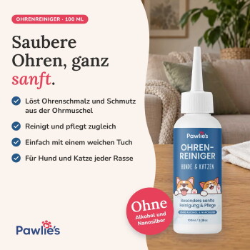 Ein Tierarzt, der eine Ohrreinigungslösung ins Ohr eines Hundes aufträgt, mit dem Text 'EINFACHE ANWENDUNG' und 'Zur Reinigung des äußeren Gehörgangs' sichtbar.