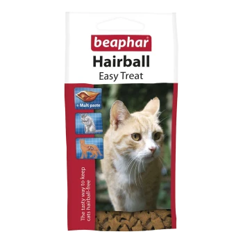 beaphar Hairball Easy Treat packaging featuring a cat, with icons for malt paste and a text stating "The tasty way to keep cats hairball-free."