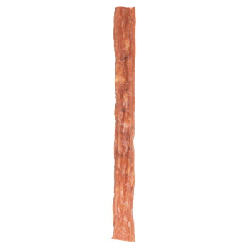 Single long brown jerky-style dog chew stick, textured chewy pet treat