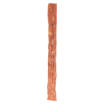 Single long brown jerky-style dog chew stick, textured chewy pet treat