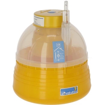 Gelbes Eierinkubator mit einer transparenten Kuppel, mit einem Thermometer und Bedienfeld, beschriftet "Covatutto 7."