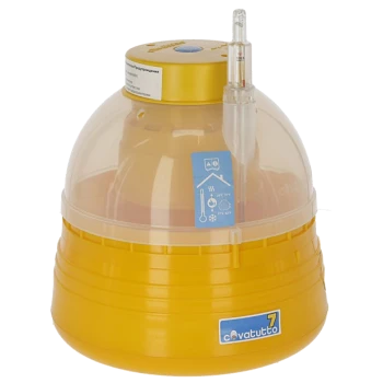 Gelbes Eierinkubator mit einer transparenten Kuppel, mit einem Thermometer und Bedienfeld, beschriftet "Covatutto 7."