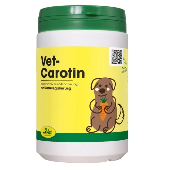 Behälter von cdVet VetCarotin, einem natürlichen Haustier-Nahrungsergänzungsmittel, mit einem grünen Deckel, gelbem Etikett und einer Grafik von Karotten.