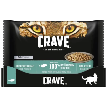 Een verpakking van CRAVE kattenvoer met een kom tonijn in jus, met tekst die '100% Natuurlijke Tonijn', 'Hoog Eiwit' en 'Graan Vrij' benadrukt.